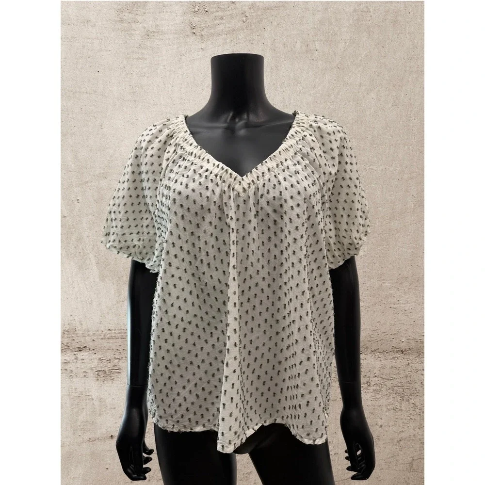 LOFT White Swiss Dot Puff Sleeve Peasant Blouse Medium Boho Cottagecore Top